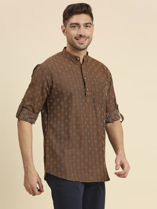 Abstract Brown Roll-Up Sleeve Cotton Short  Sadra